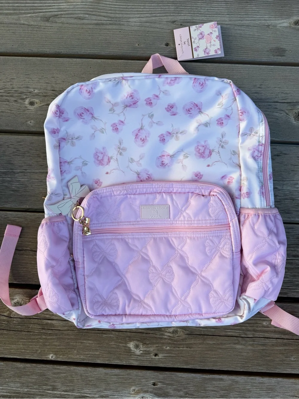 LoveShackFancy Pink Floral Quilted Backpack with Bow Detail